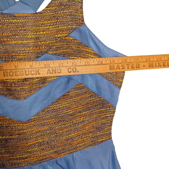 WISH Periwinkle Blue Yellow Orange Tweed Embroidered Sleeveless A-Line Dress - Picture 7 of 7